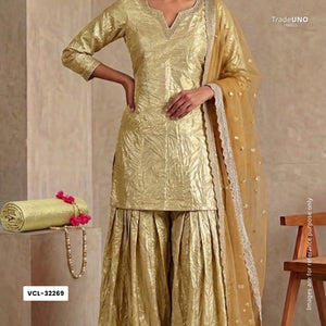Rose Pink Gold Zari Crush Fabric VCL-32269 - TradeUNO