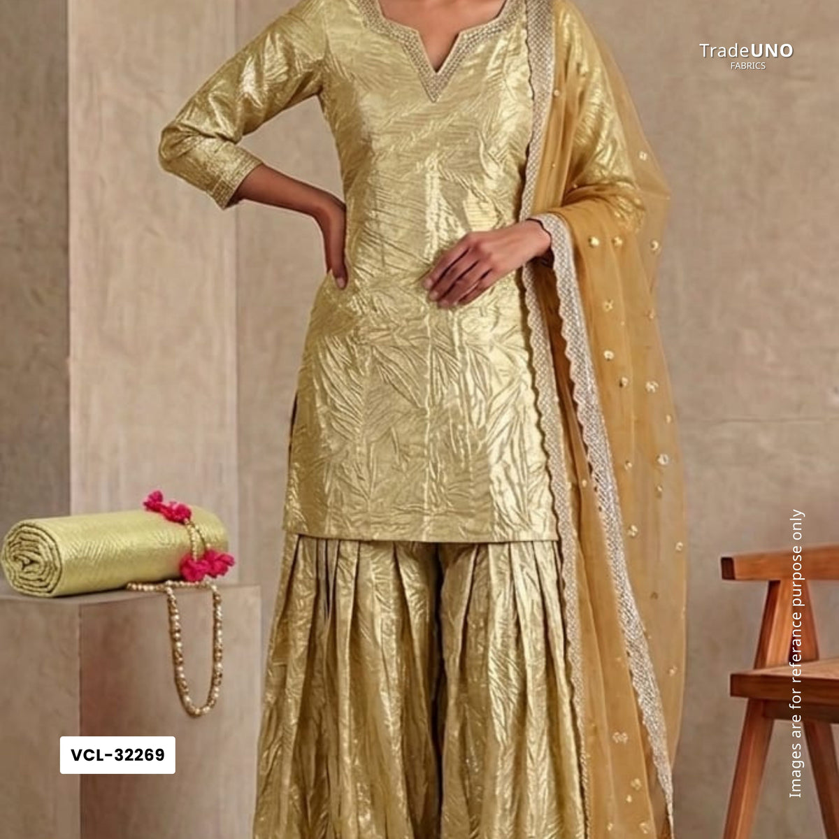 Rose Pink Gold Zari Crush Fabric VCL-32269 - TradeUNO
