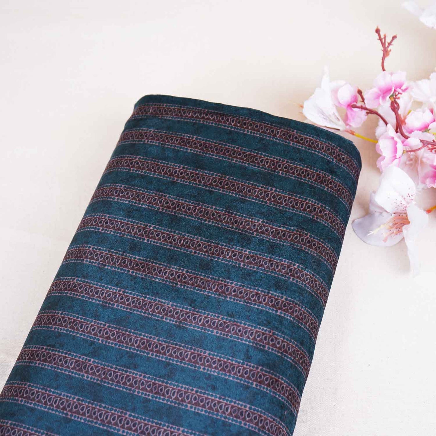 Teal Blue Strips Print Micro Velvet 9000 Fabric MF-28570