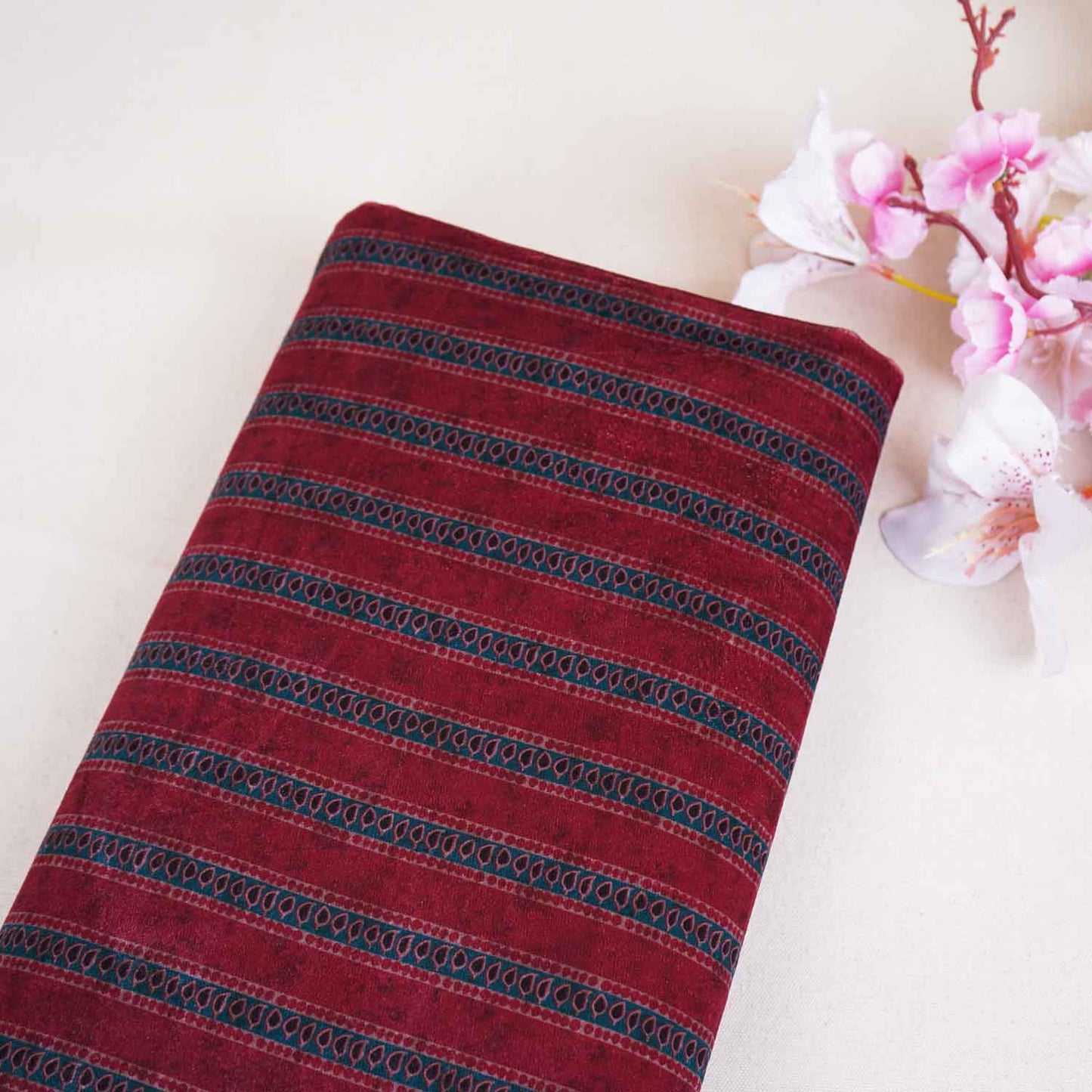 Maroon Strips Print Micro Velvet 9000 Fabric MF-28573