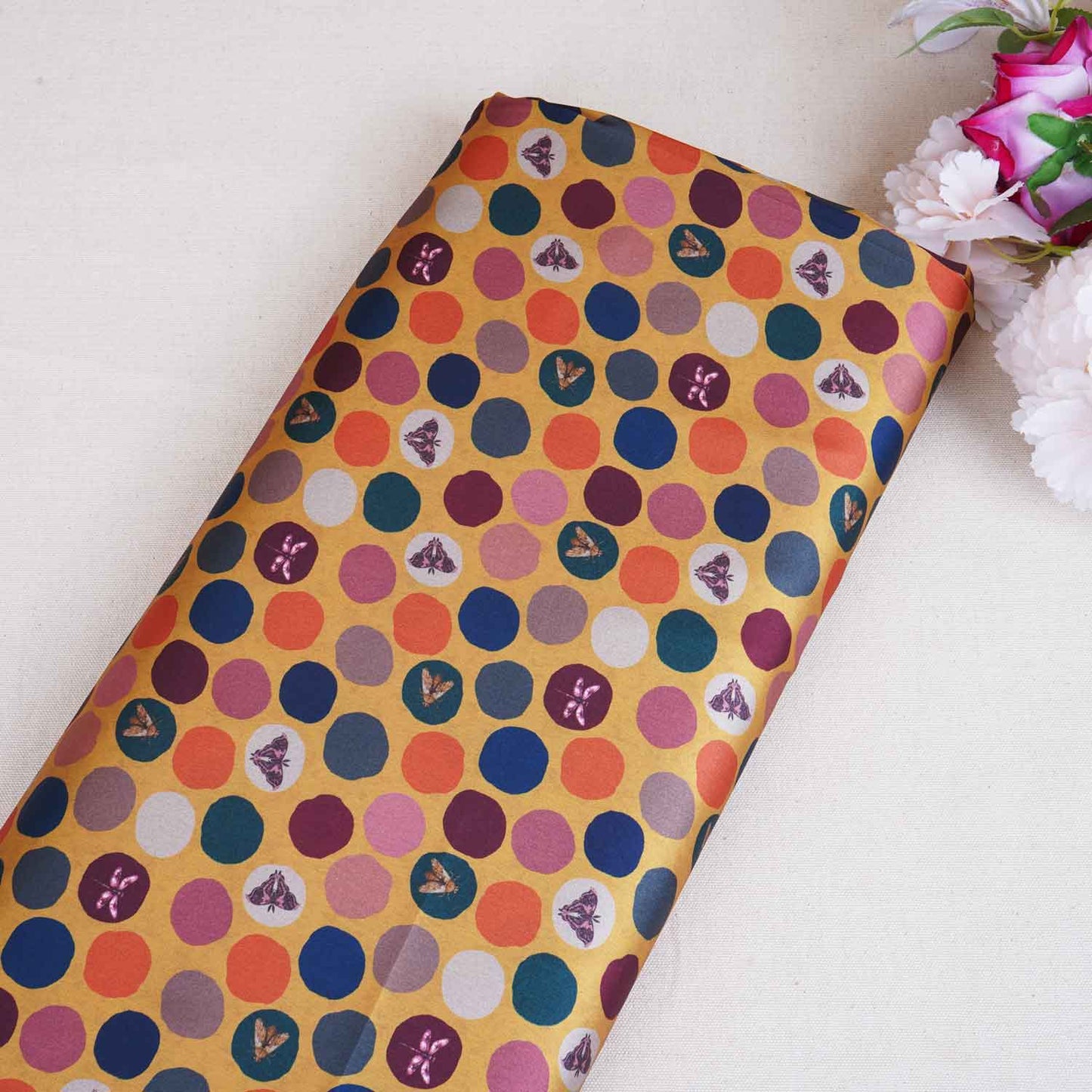 Mustard With Multicolor Polka Dot Abstract Print Japan Satin Fabric MF-28576