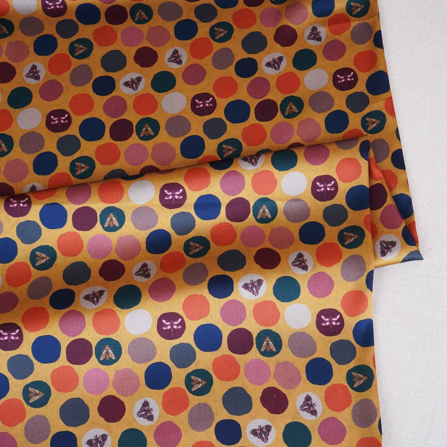 Mustard With Multicolor Polka Dot Abstract Print Japan Satin Fabric MF-28576