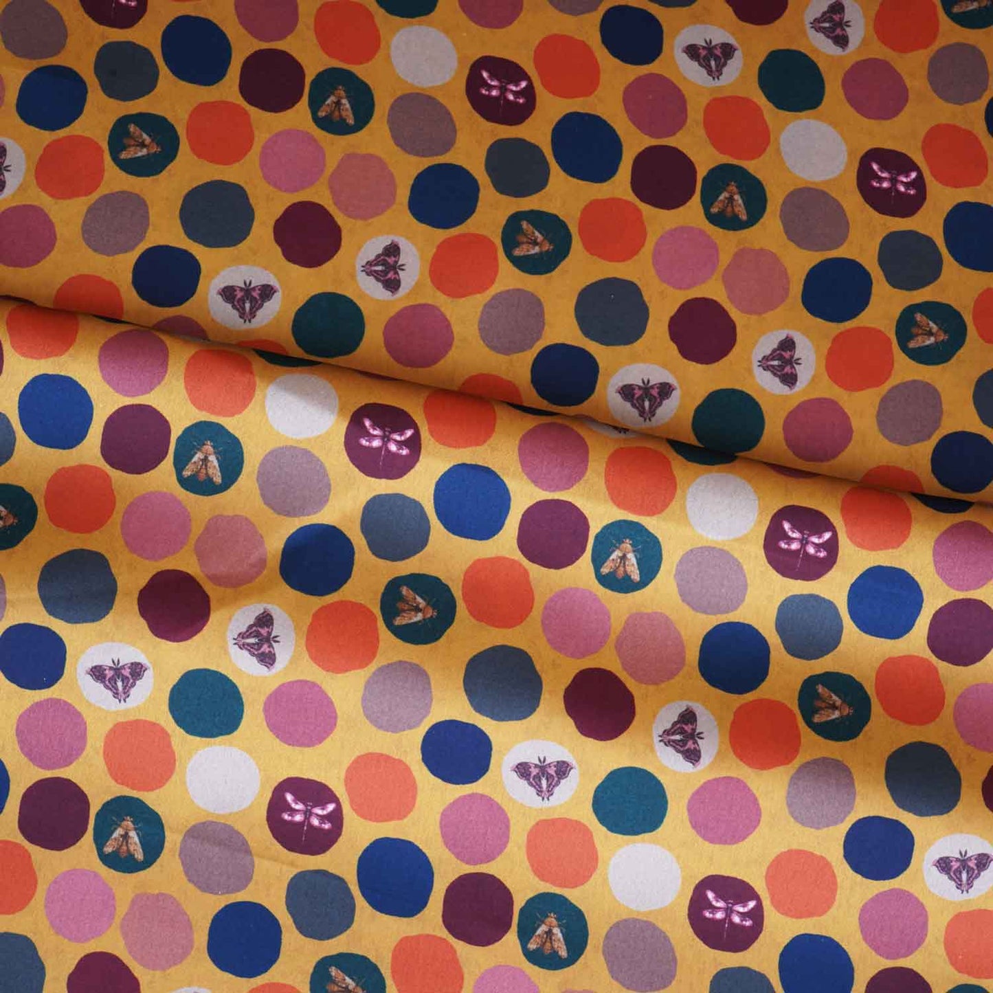 Mustard With Multicolor Polka Dot Abstract Print Japan Satin Fabric MF-28576