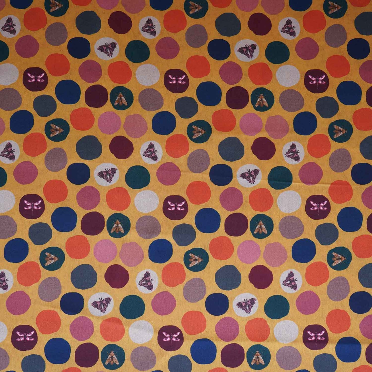 Mustard With Multicolor Polka Dot Abstract Print Japan Satin Fabric MF-28576