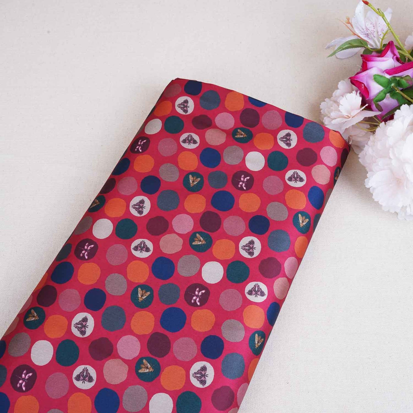 Red With Multicolor Polka Dot Abstract Print Japan Satin Fabric MF-28577