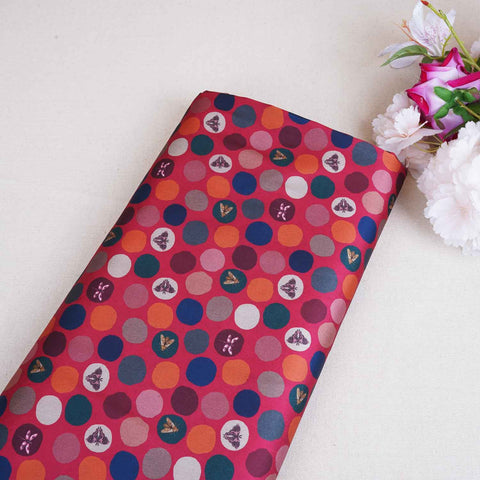 Red With Multicolor Polka Dot Abstract Print Japan Satin Fabric MF-28577