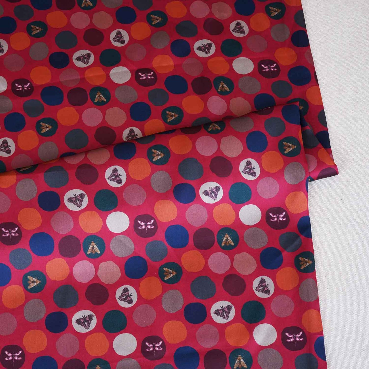 Red With Multicolor Polka Dot Abstract Print Japan Satin Fabric MF-28577