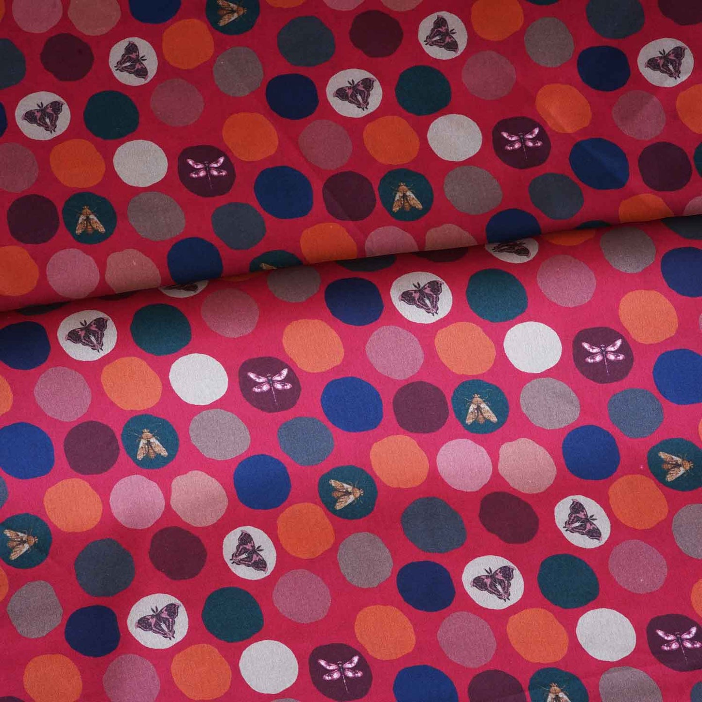 Red With Multicolor Polka Dot Abstract Print Japan Satin Fabric MF-28577