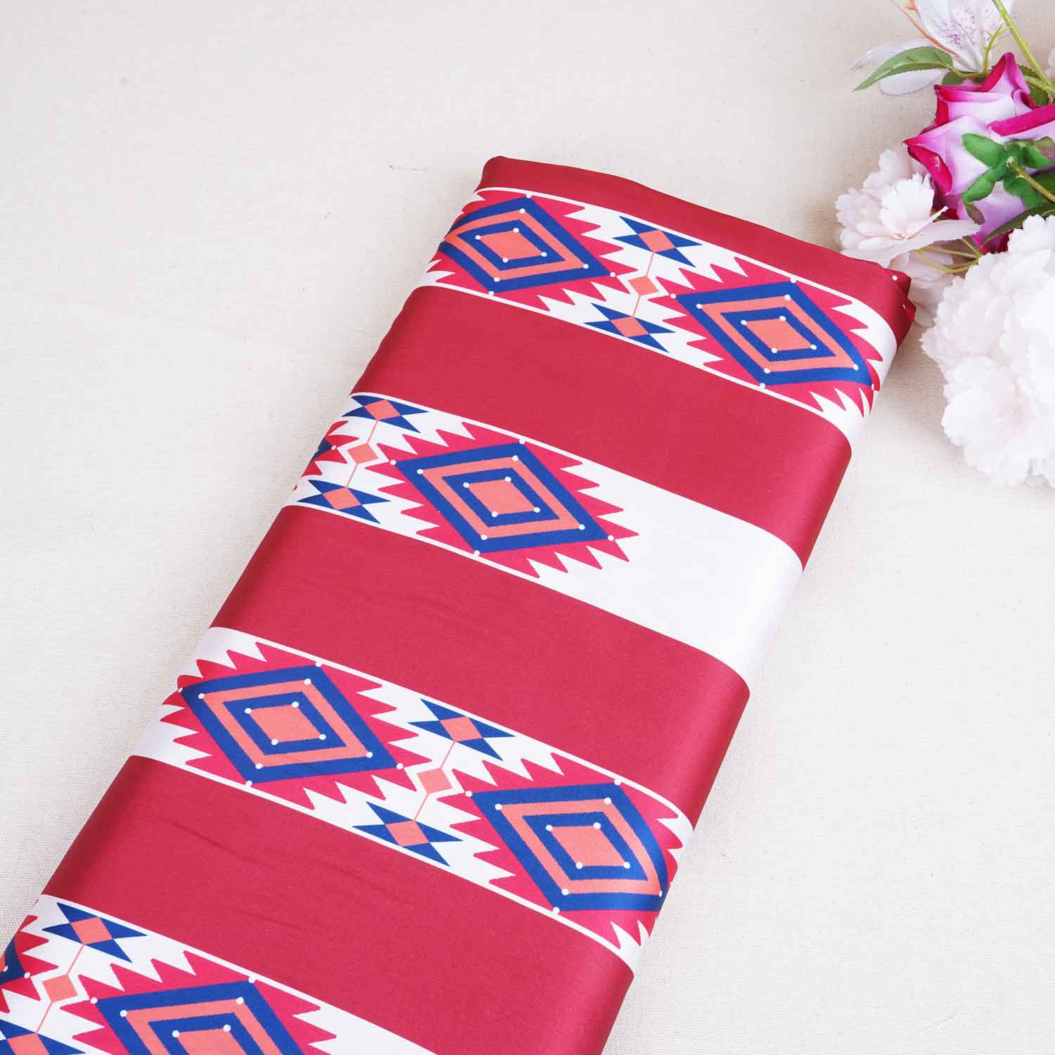 Cream & Red Strips Print Japan Satin Fabric MF-28580 - TradeUNO