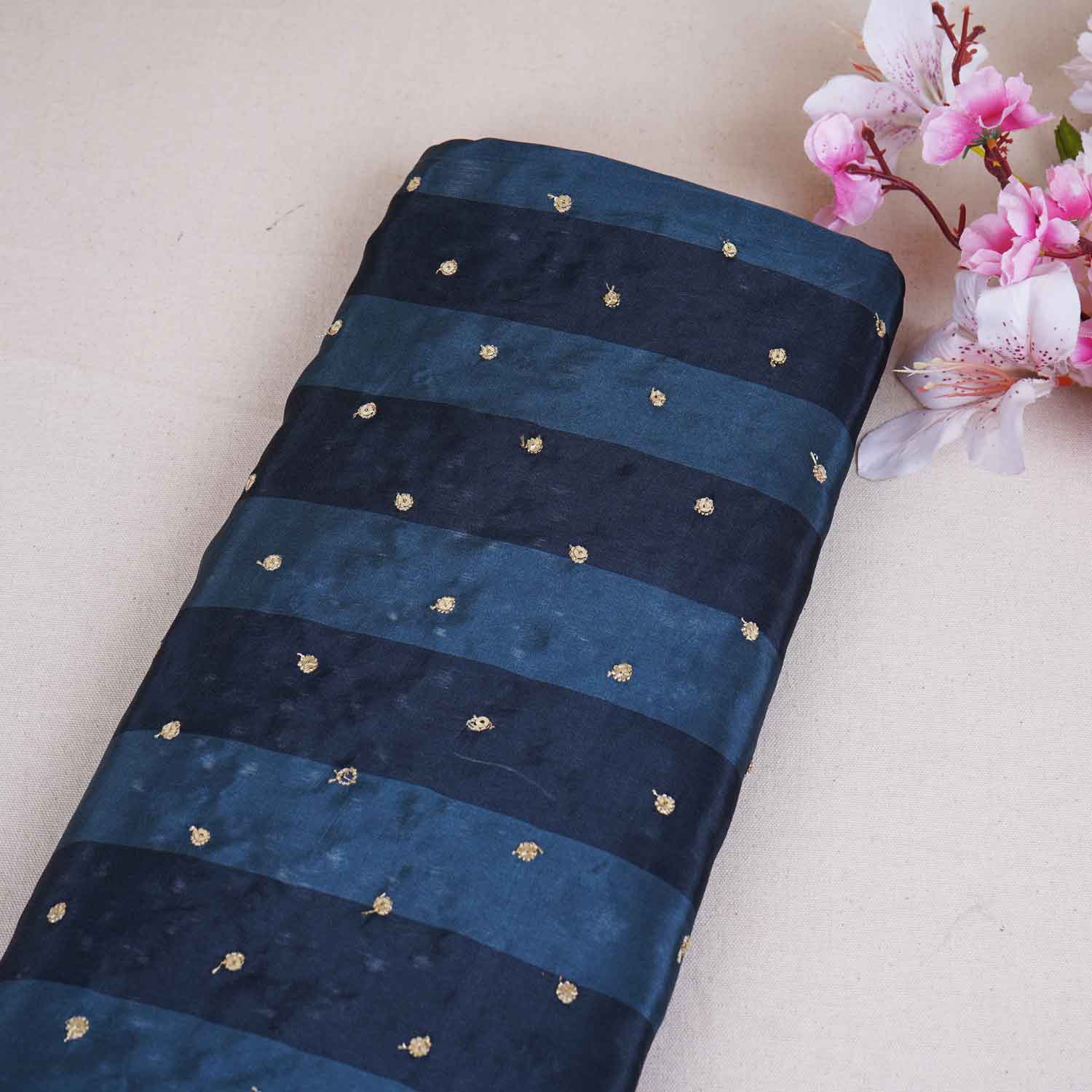 Dark Grey & Teal Green stripes embroidery Crepe Fabric MF-28582 - TradeUNO
