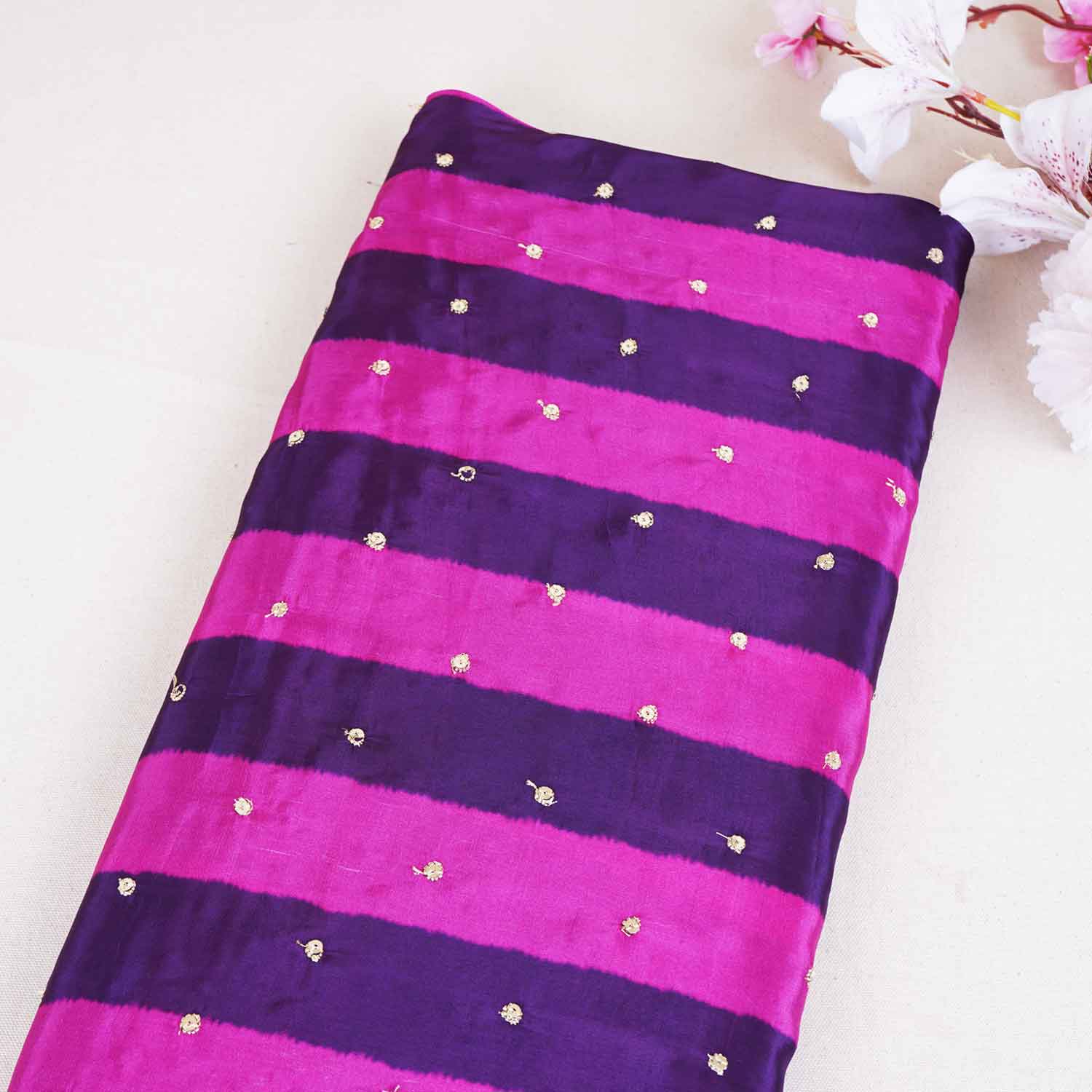 Pink & purple stripes embroidery Crepe Fabric MF-28583 - TradeUNO
