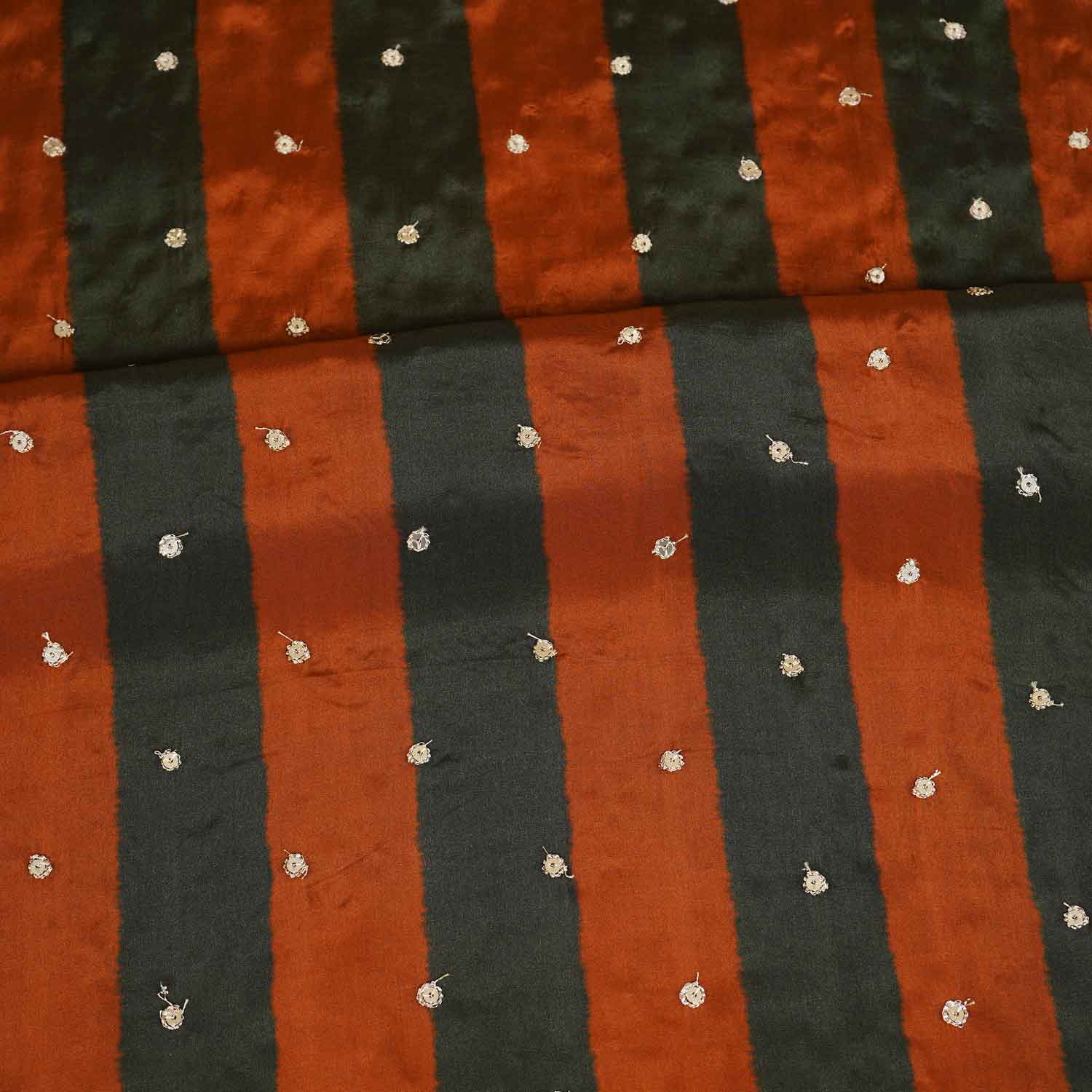 Green & Orange stripes embroidery Crepe Fabric MF-28588 - TradeUNO