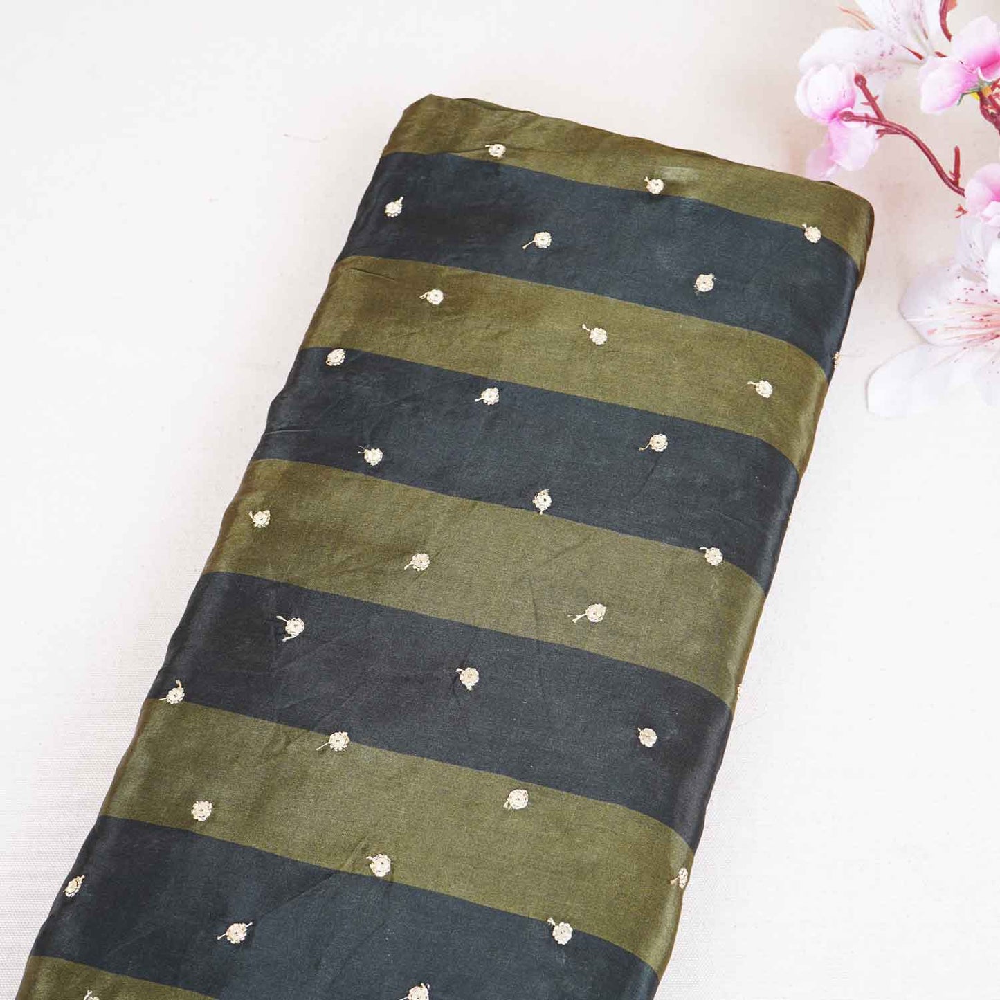 Dark Green & Green stripes embroidery Crepe Fabric MF-28589