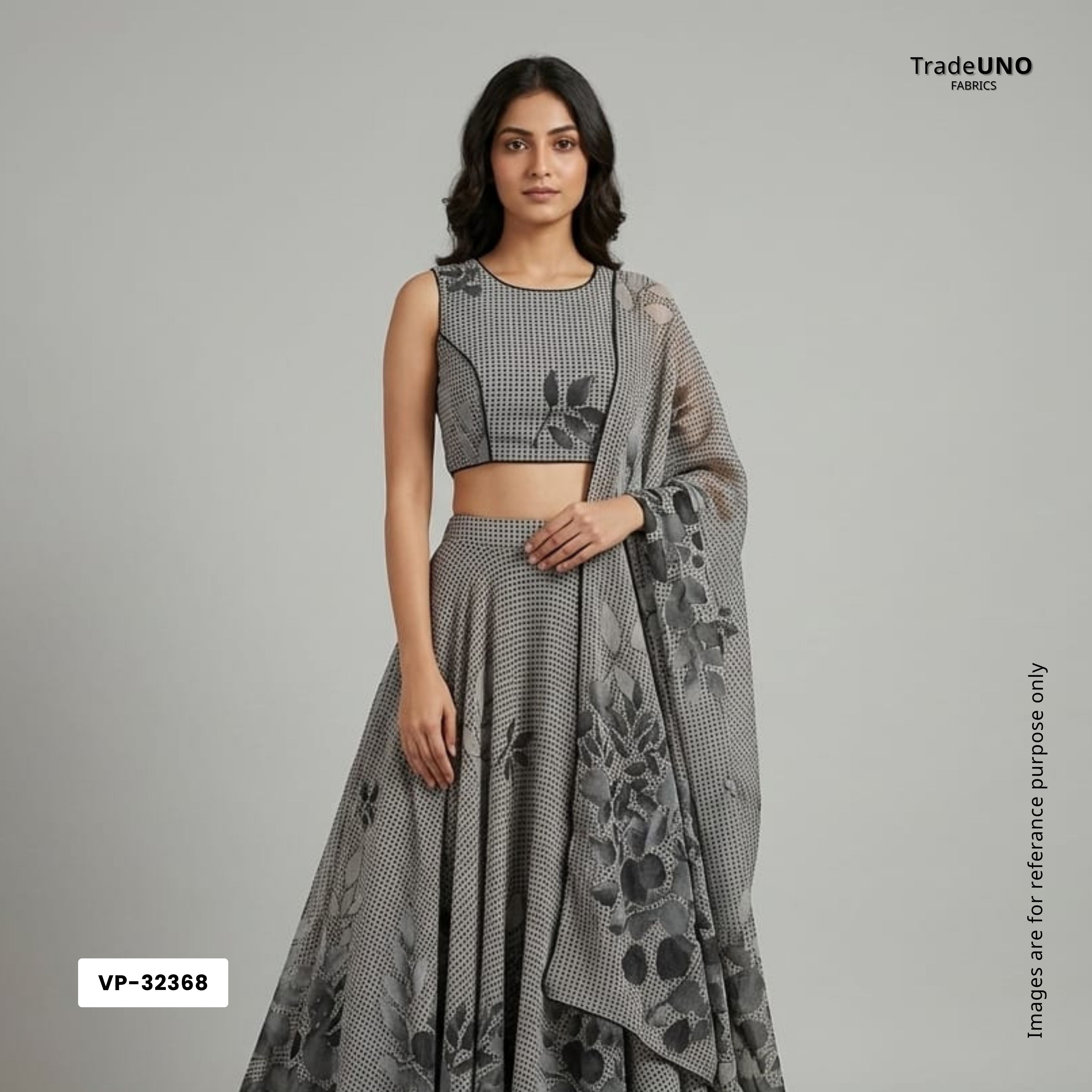 Charcol Grey & Black Floral Print Georgette Fabric VP-32368 - TradeUNO