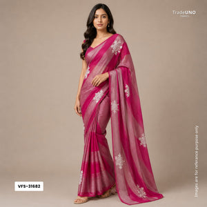 Magenta Pink Stripes thread cutdana embroidery Isha Silk Fabric VFS-31682 - TradeUNO