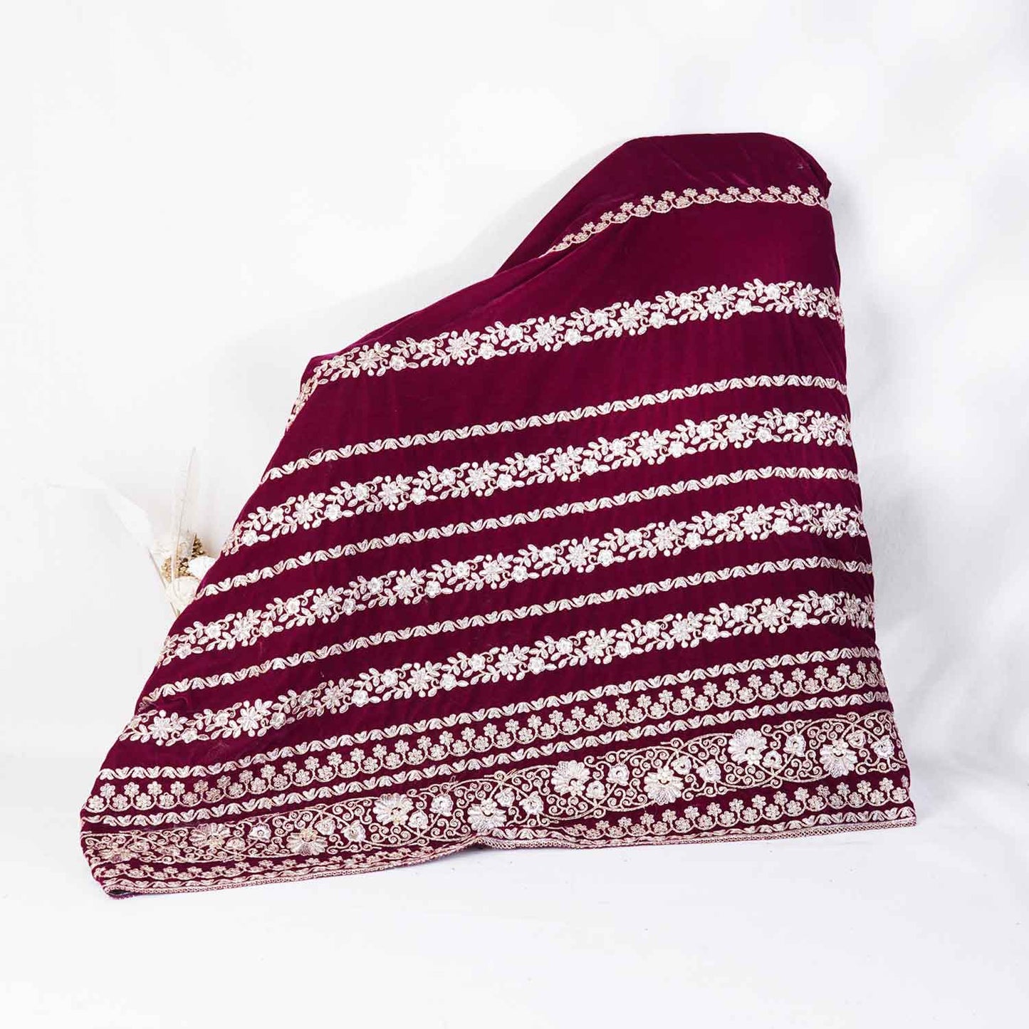 Magenta Pink Zari Sequnis embroidery Velvet Fabric JD-28599