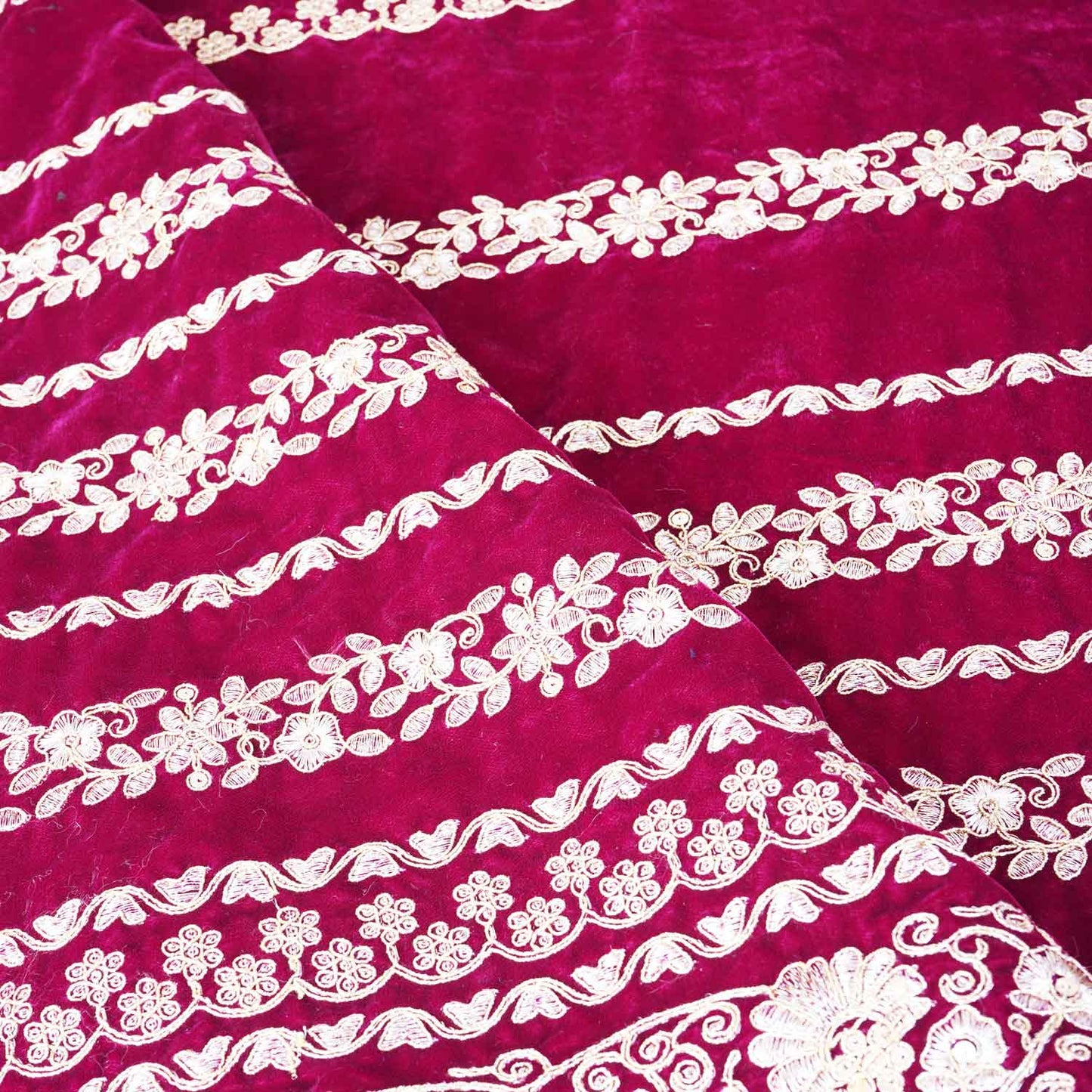 Magenta Pink Zari Sequnis embroidery Velvet Fabric JD-28599