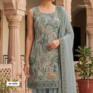 Soft Grey Thread Embroidery Georgette Fabric DR-32381 - TradeUNO
