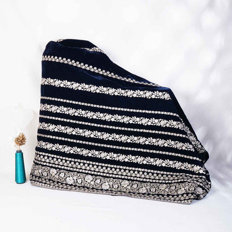 Teal Blue Zari Sequnis embroidery Velvet Fabric JD-28602