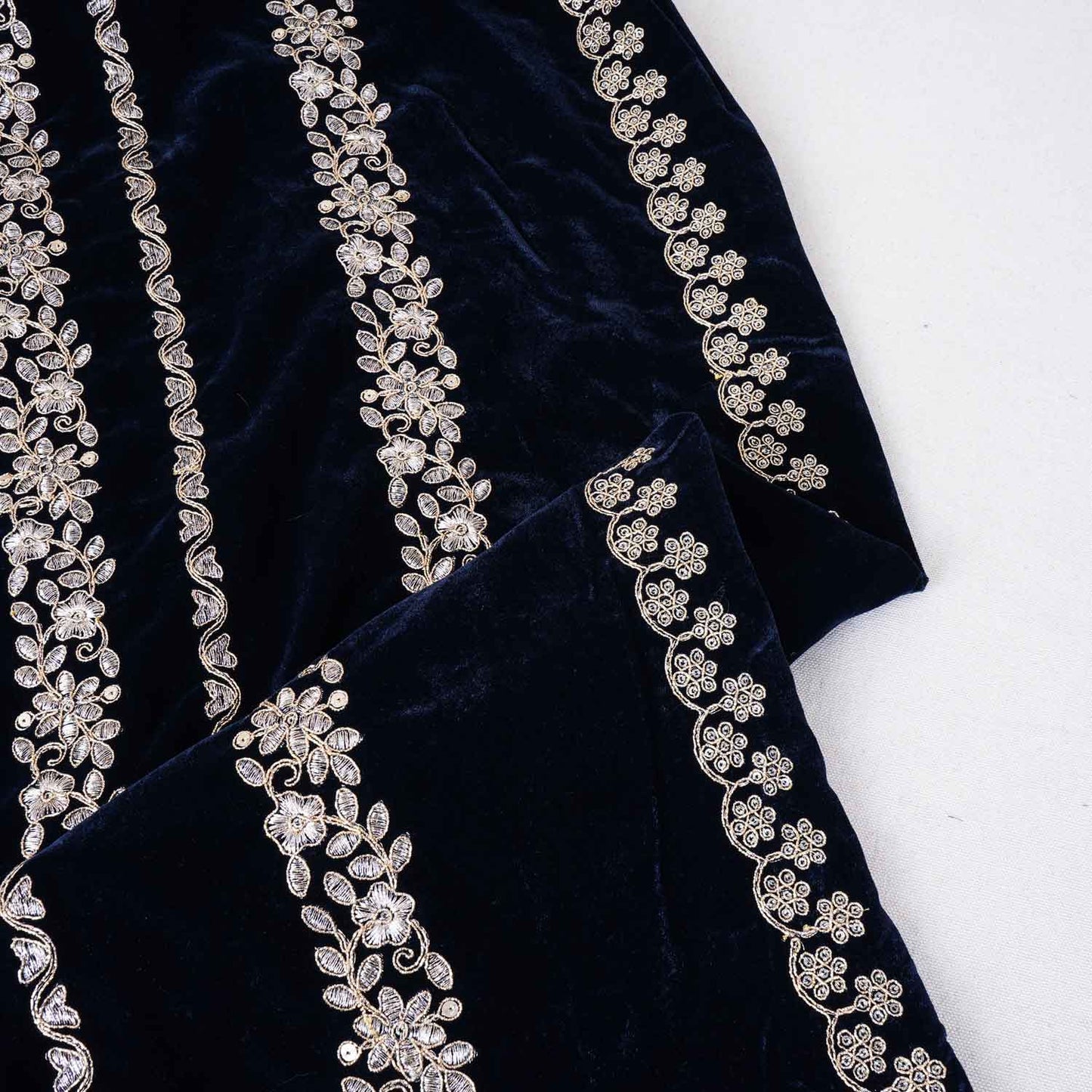 Teal Blue Zari Sequnis embroidery Velvet Fabric JD-28602