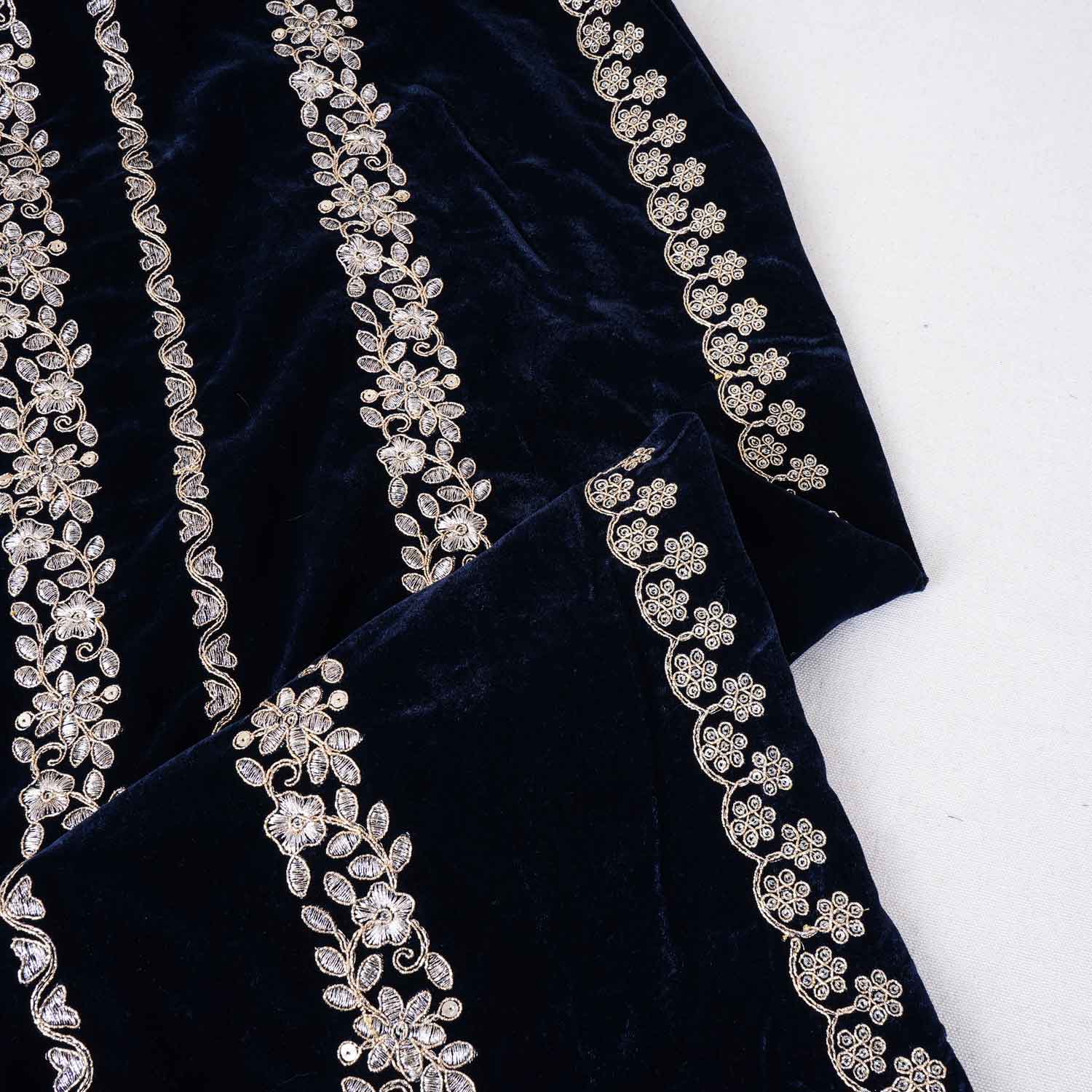 Teal Blue Zari Sequnis embroidery Velvet Fabric JD-28602 - TradeUNO