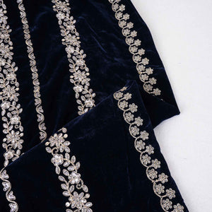 Teal Blue Zari Sequnis embroidery Velvet Fabric JD-28602 - TradeUNO