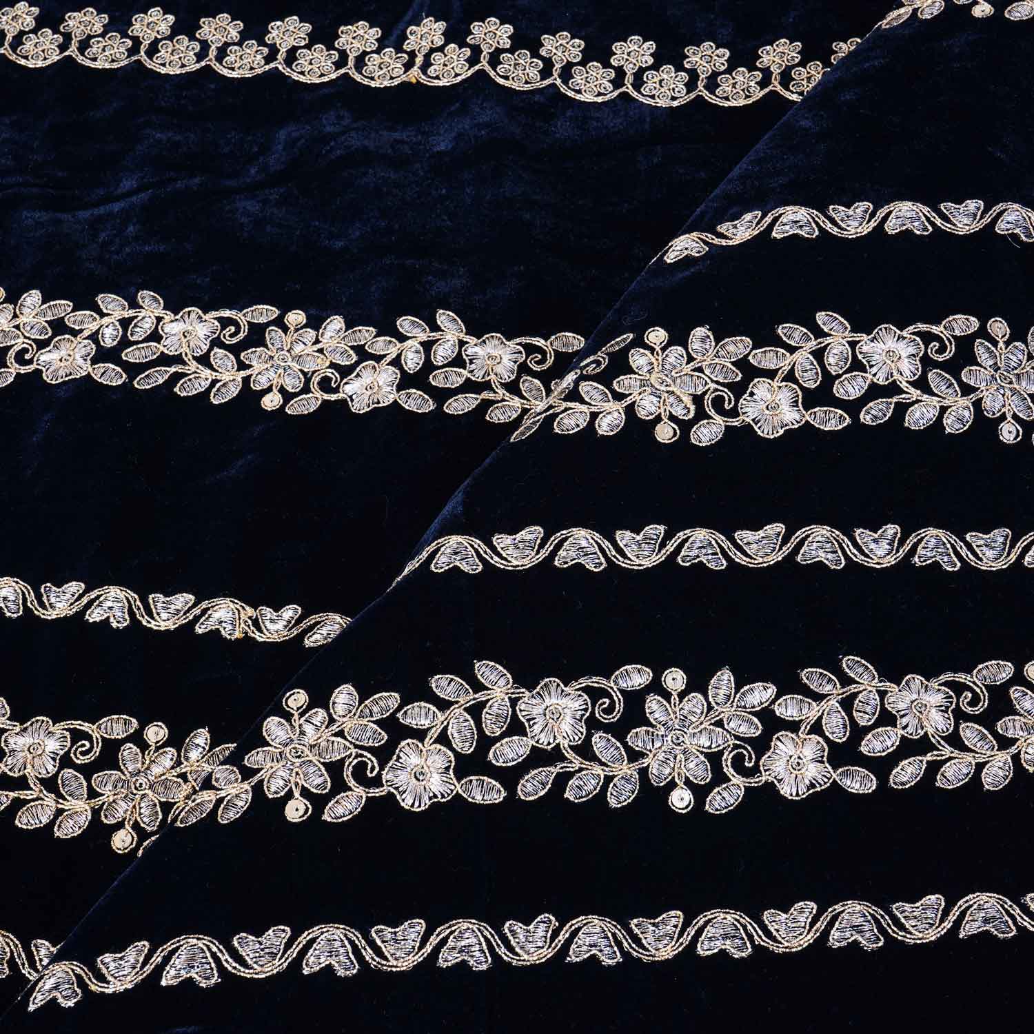 Teal Blue Zari Sequnis embroidery Velvet Fabric JD-28602 - TradeUNO