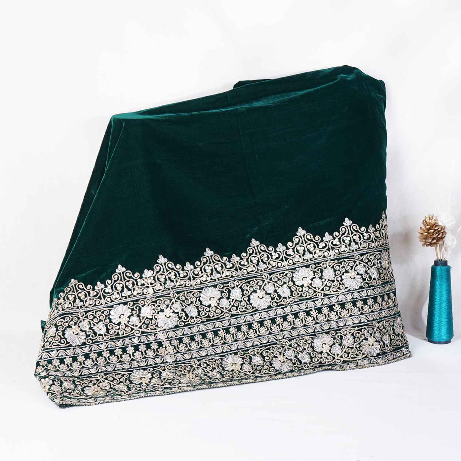 Green Border Work Zari embroidery Velvet Fabric JD-28603 - TradeUNO