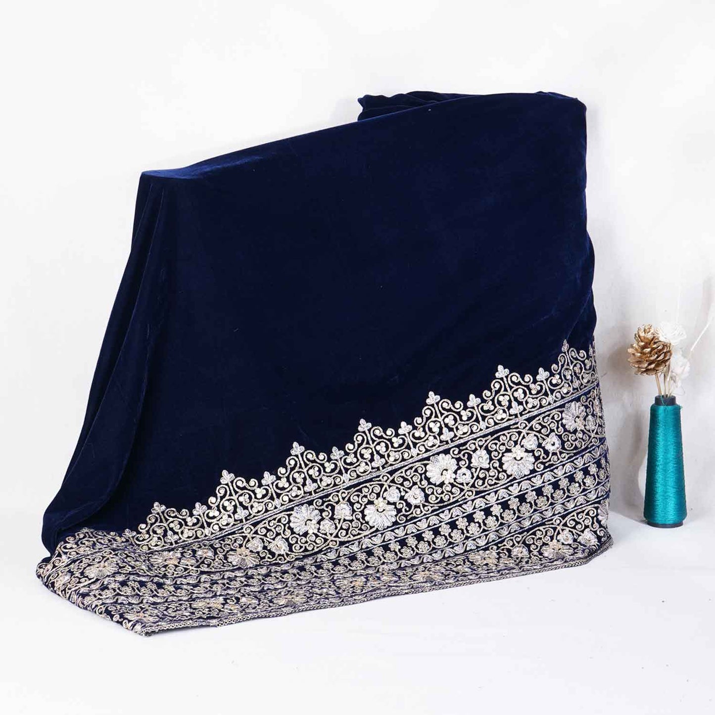 Teal Blue Border Work Zari embroidery Velvet Fabric JD-28604