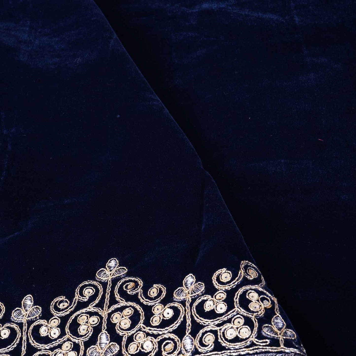 Teal Blue Border Work Zari embroidery Velvet Fabric JD-28604