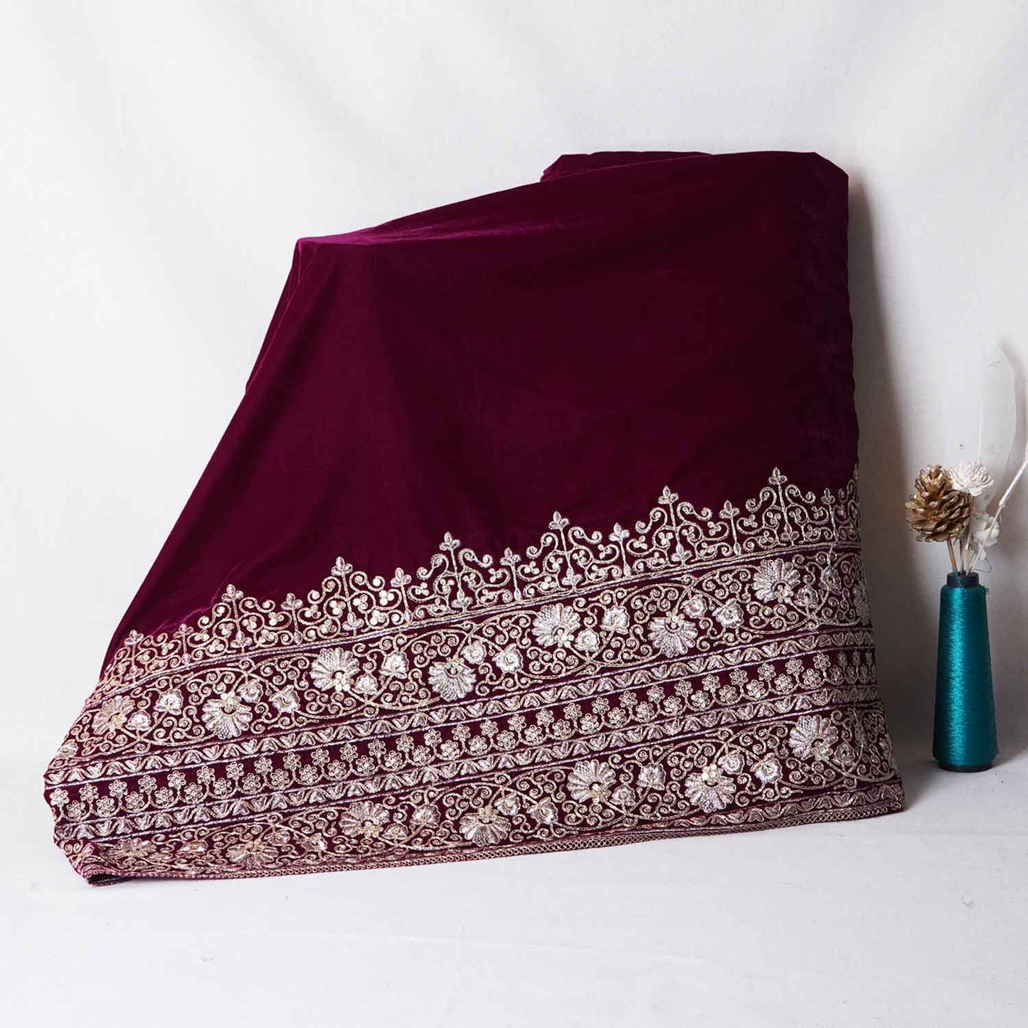 Magenta Pink Border Work Zari embroidery Velvet Fabric JD-28605