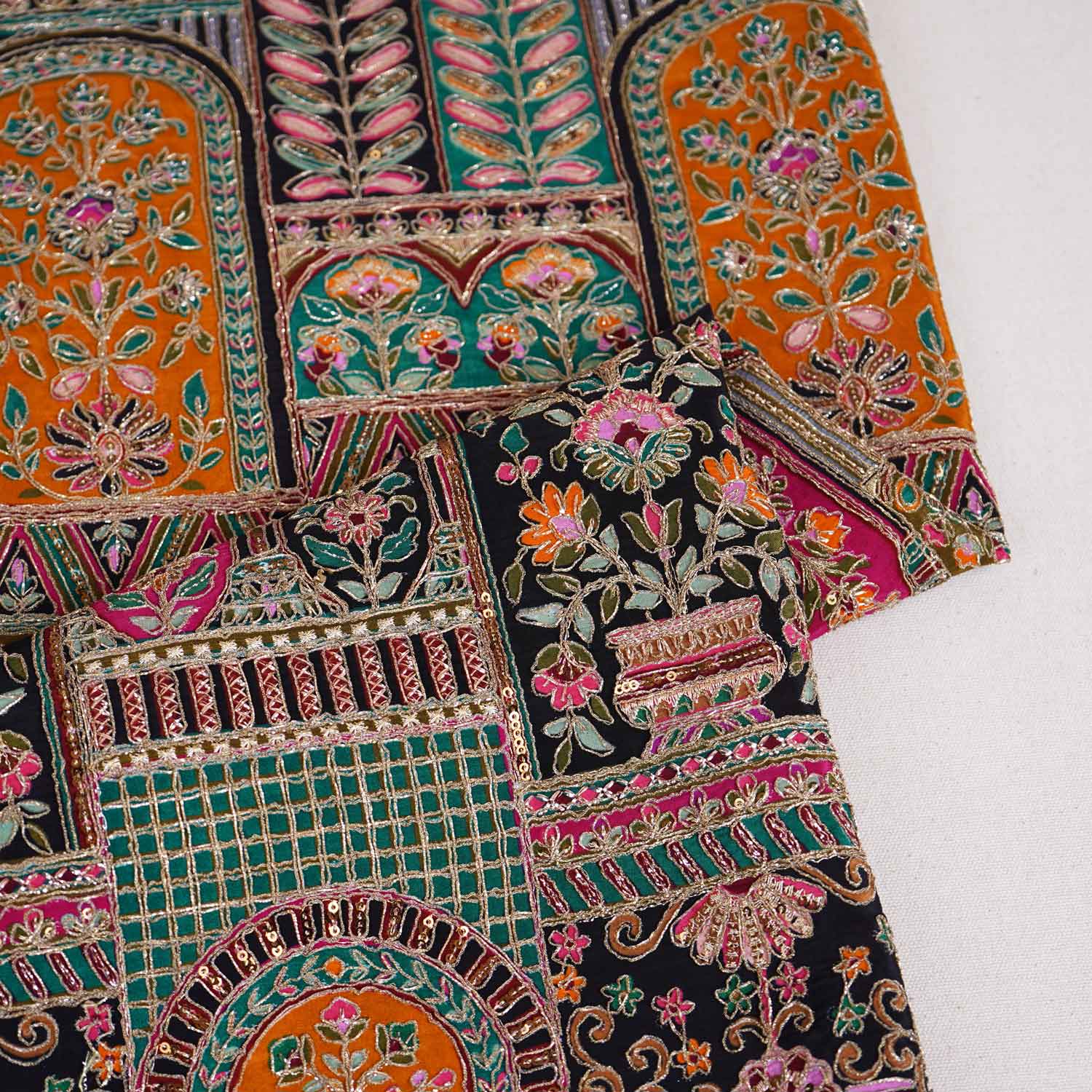 Black Traditional Zari Embroidery Crepe Fabric LT-28626 - TradeUNO