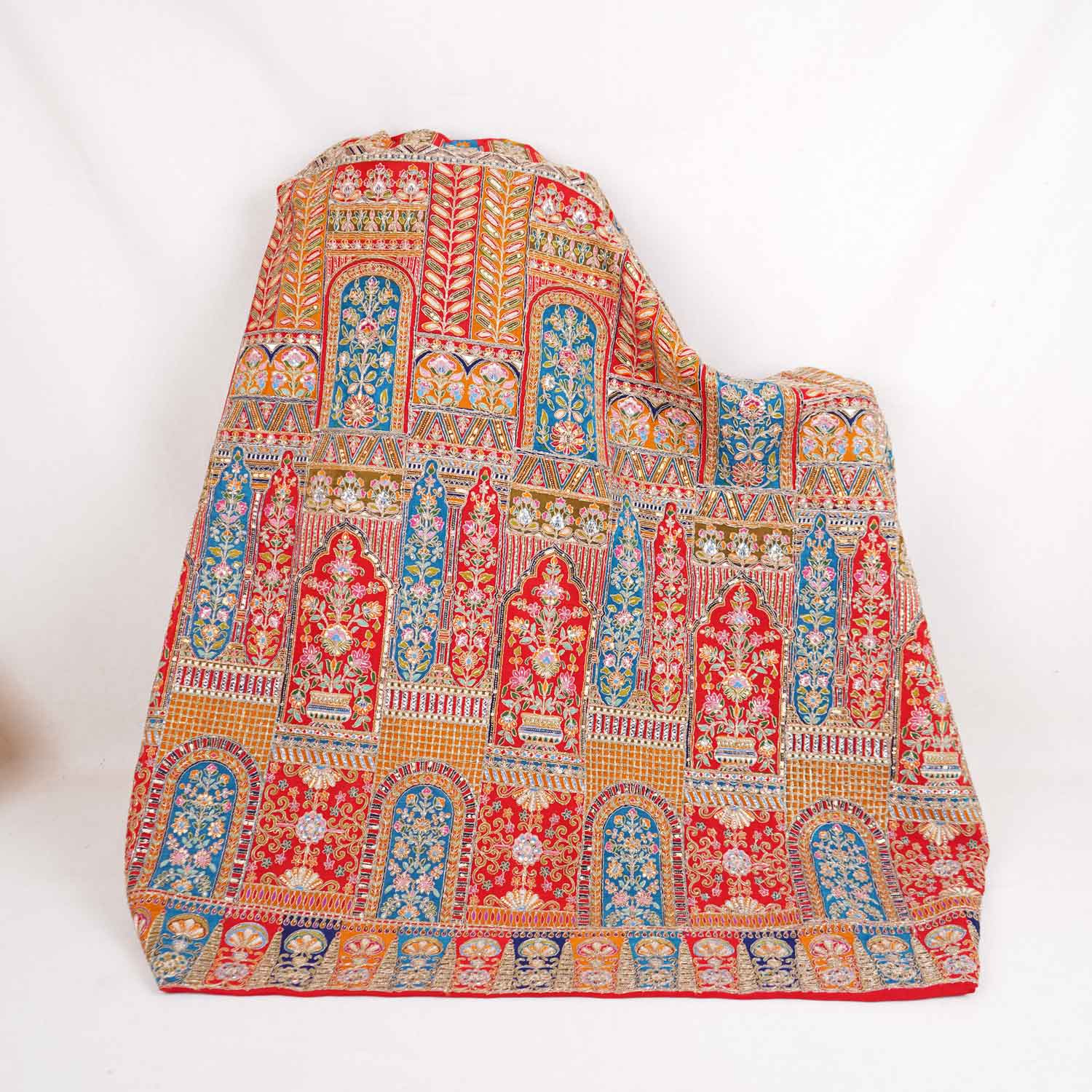 Red Traditional Zari Embroidery Crepe Fabric LT-28628 - TradeUNO