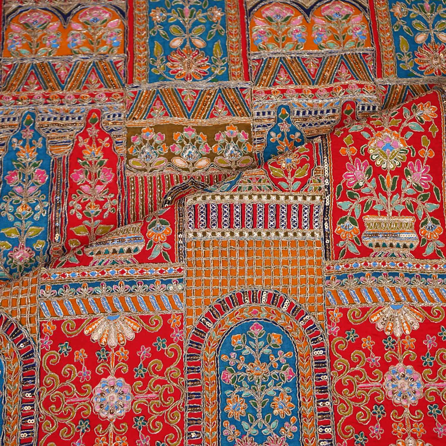 Red Traditional Zari Embroidery Crepe Fabric LT-28628 - TradeUNO
