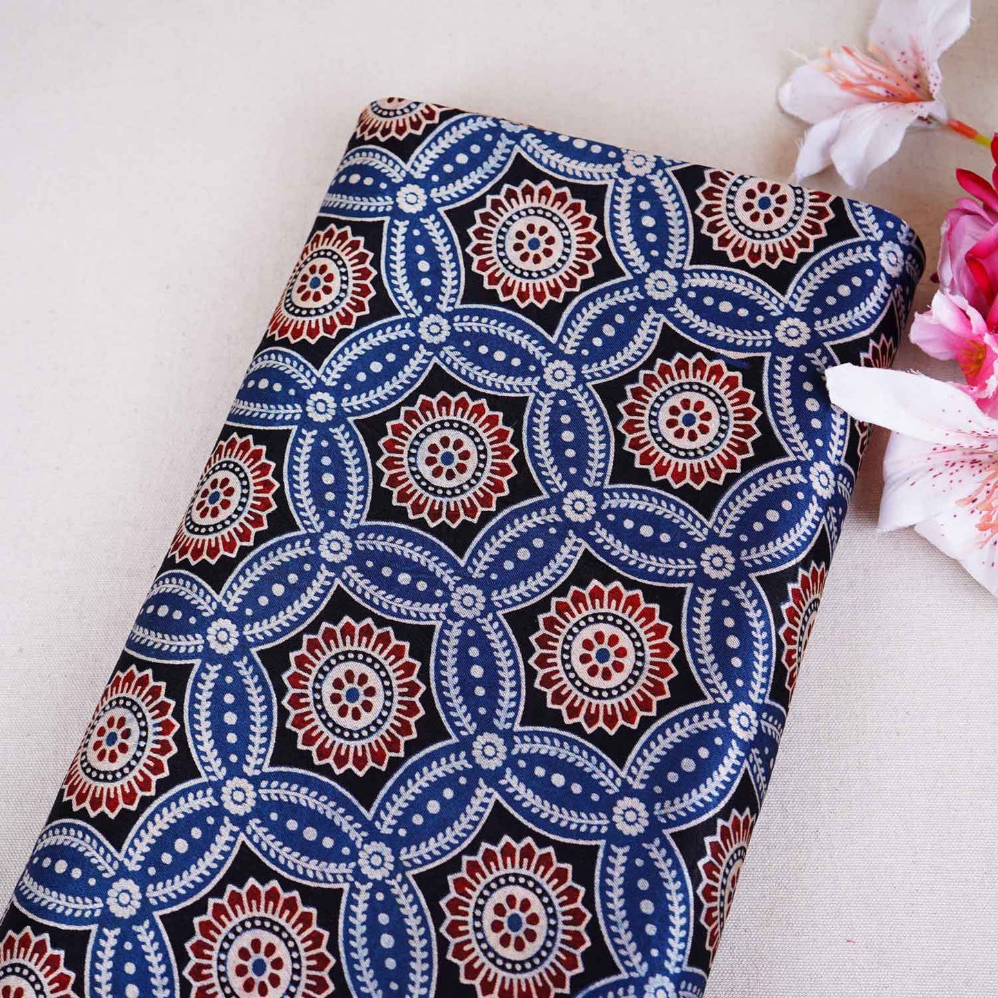 Teal Blue Ajrakh Print Mashru Silk Fabric EEG-28631