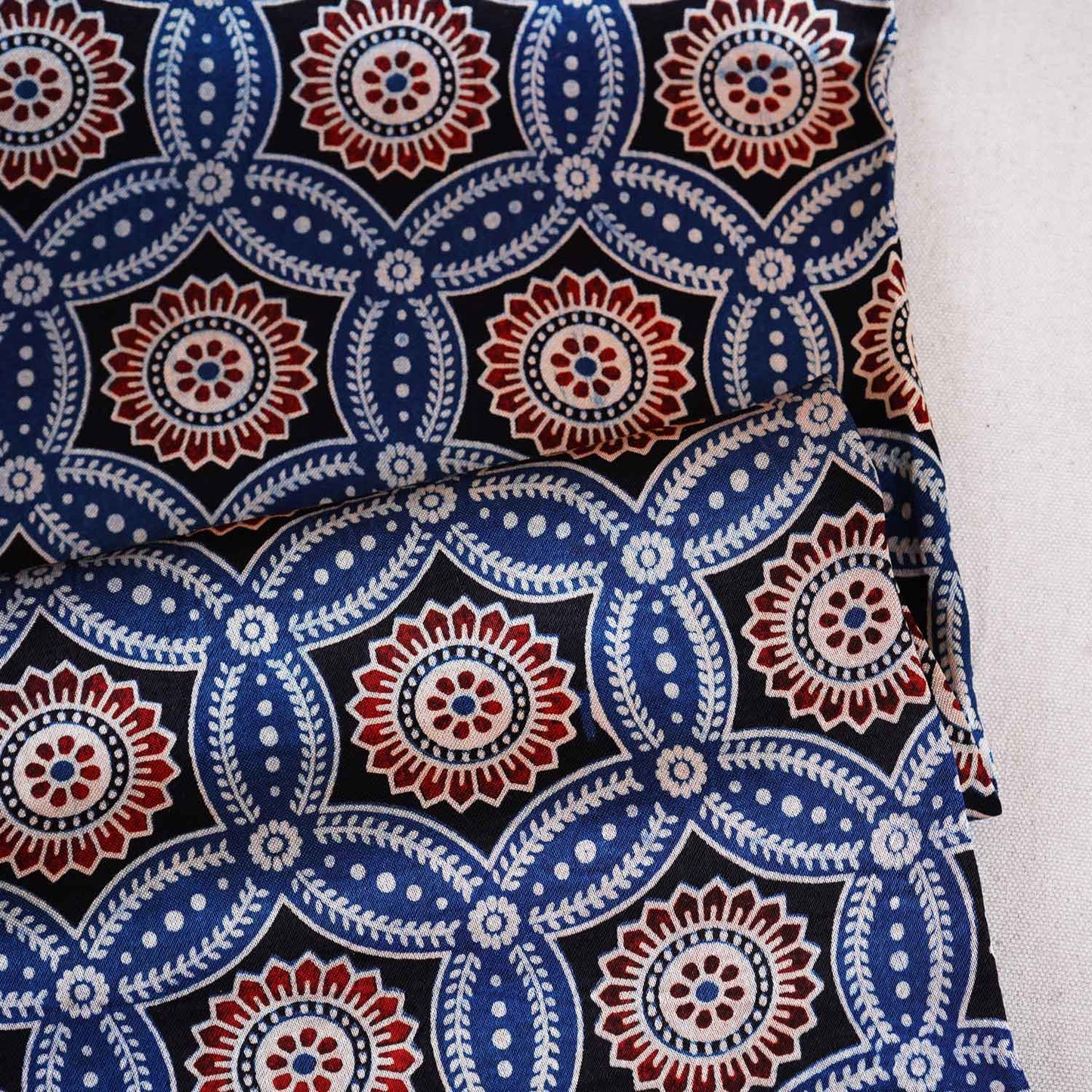 Teal Blue Ajrakh Print Mashru Silk Fabric EEG-28631