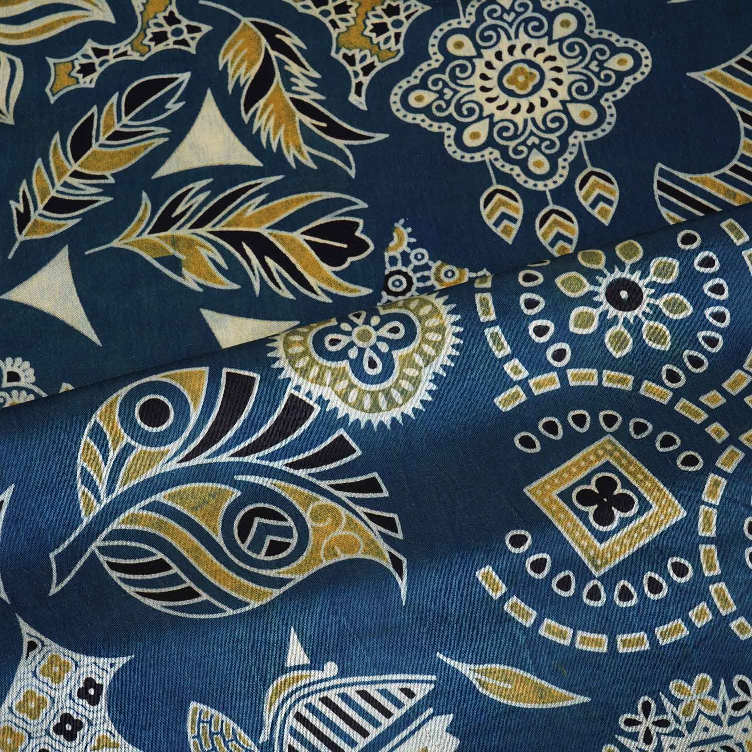 Teal Blue Ajrakh Print Mashru Silk Fabric EEG-28632 - TradeUNO