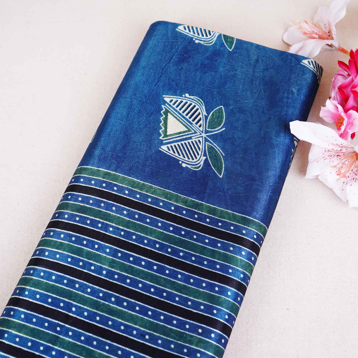 Blue Ajrakh Print Mashru Silk Fabric EEG-28633 - TradeUNO