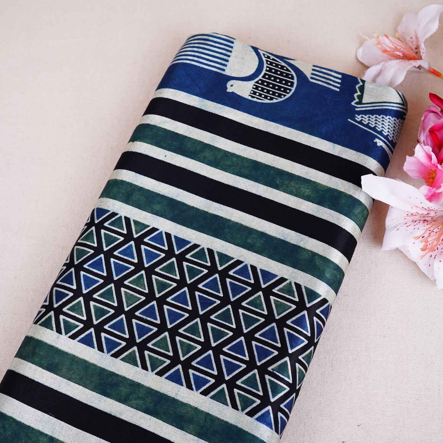 Teal Blue Ajrakh Print Mashru Silk Fabric EEG-28636 - TradeUNO