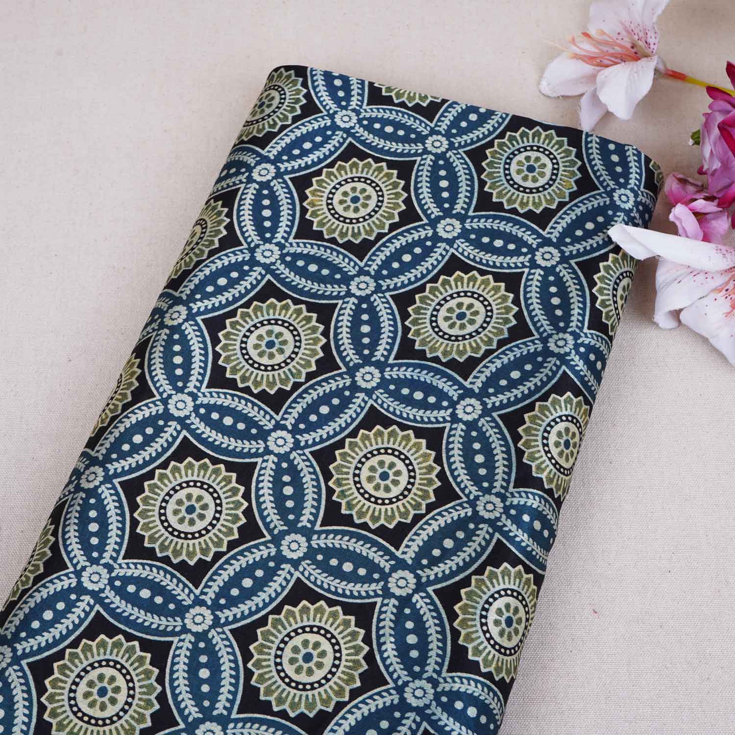 Teal Blue Ajrakh Print Mashru Silk Fabric EEG-28639 - TradeUNO