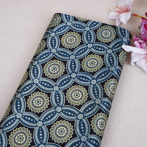Teal Blue Ajrakh Print Mashru Silk Fabric EEG-28639