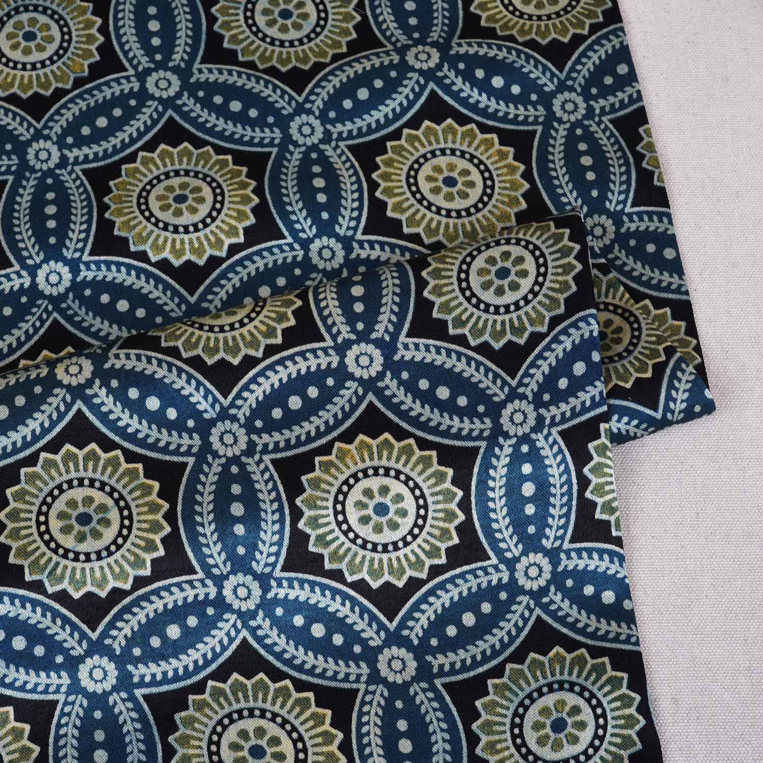 Teal Blue Ajrakh Print Mashru Silk Fabric EEG-28639 - TradeUNO