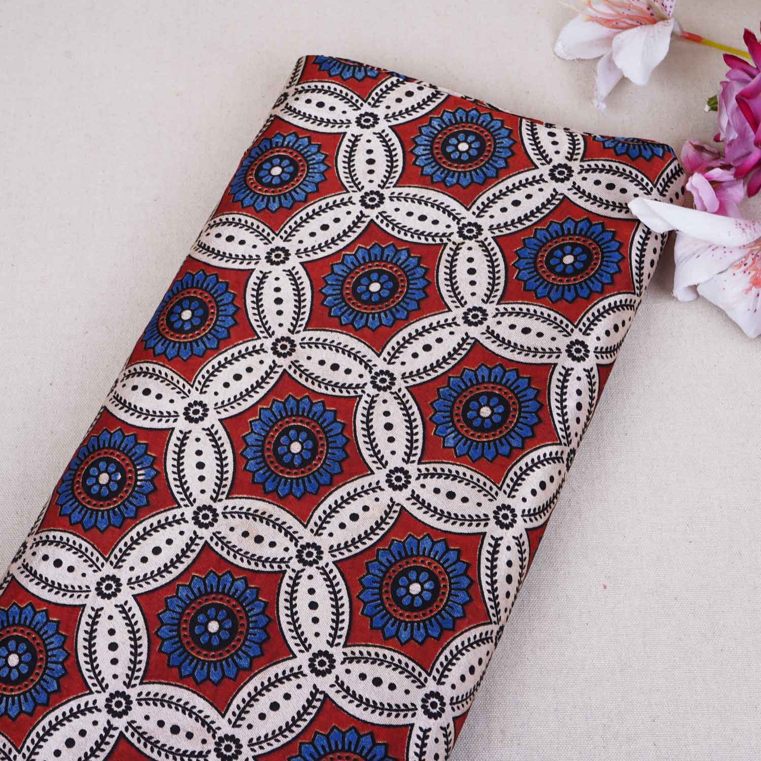 Cream Ajrakh Print Mashru Silk Fabric EEG-28640 - TradeUNO
