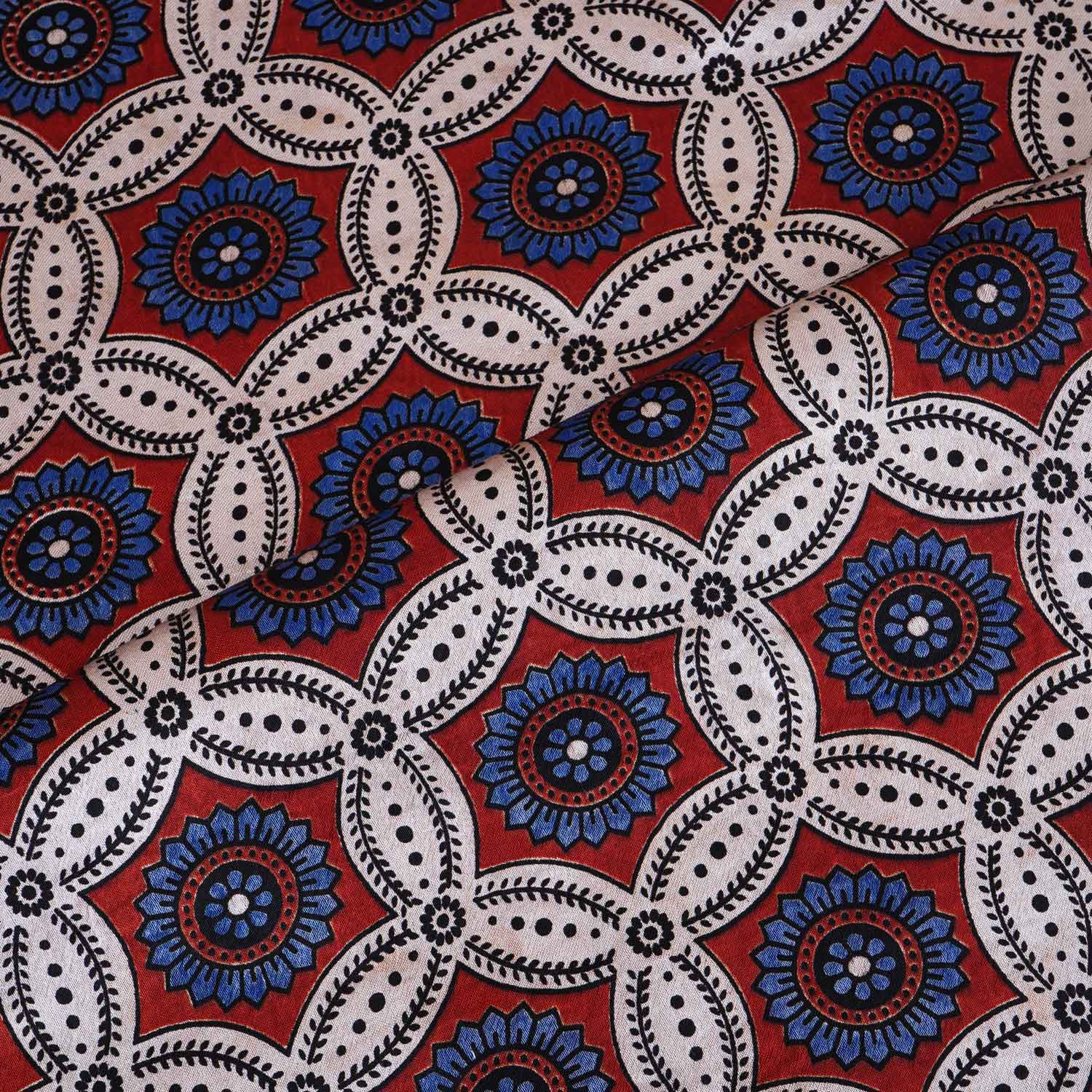 Cream Ajrakh Print Mashru Silk Fabric EEG-28640 - TradeUNO
