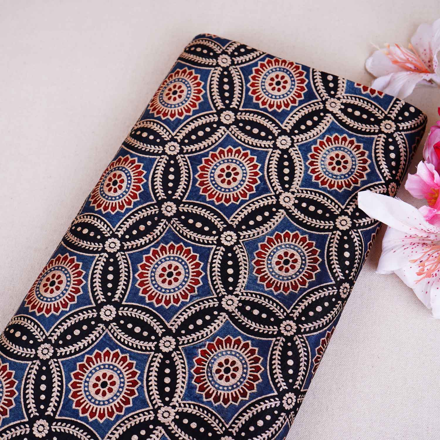 Black Ajrakh Print Mashru Silk Fabric EEG-28641 - TradeUNO