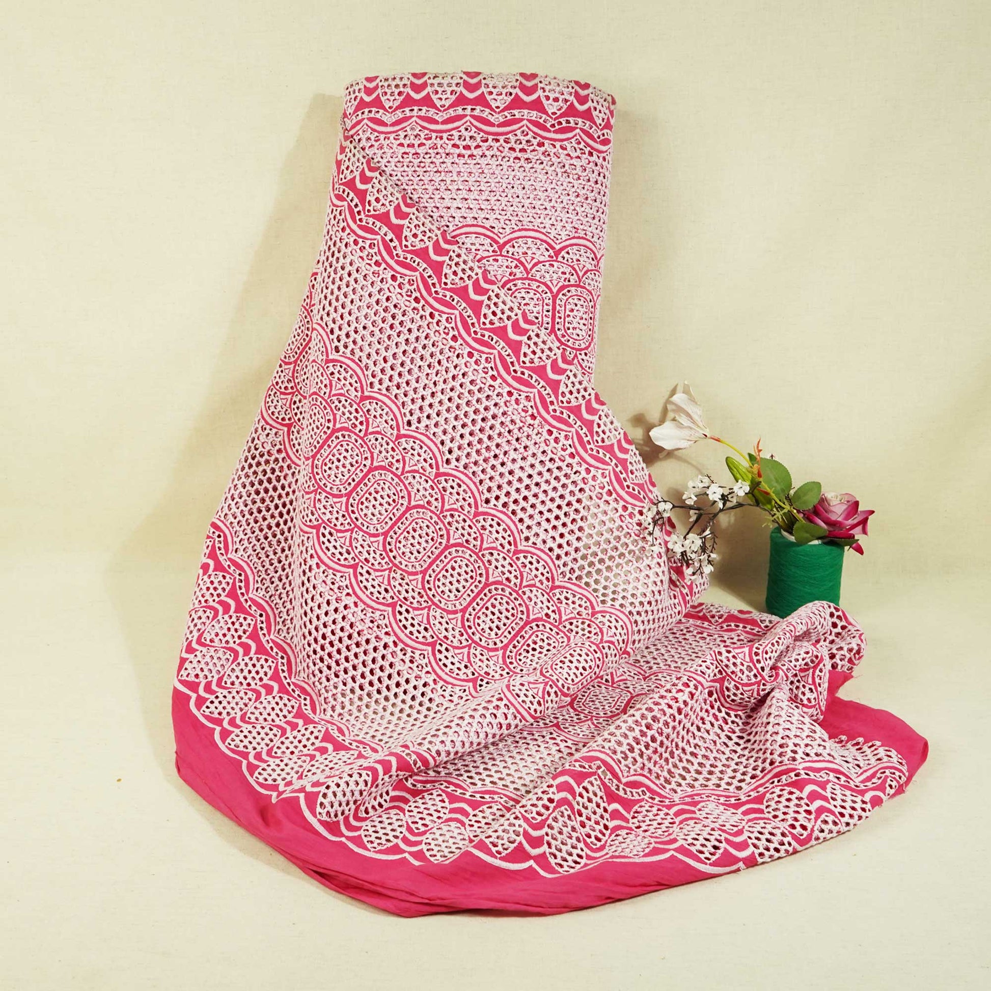 Pink & White Schiffli Embroidery Cotton TU-6436