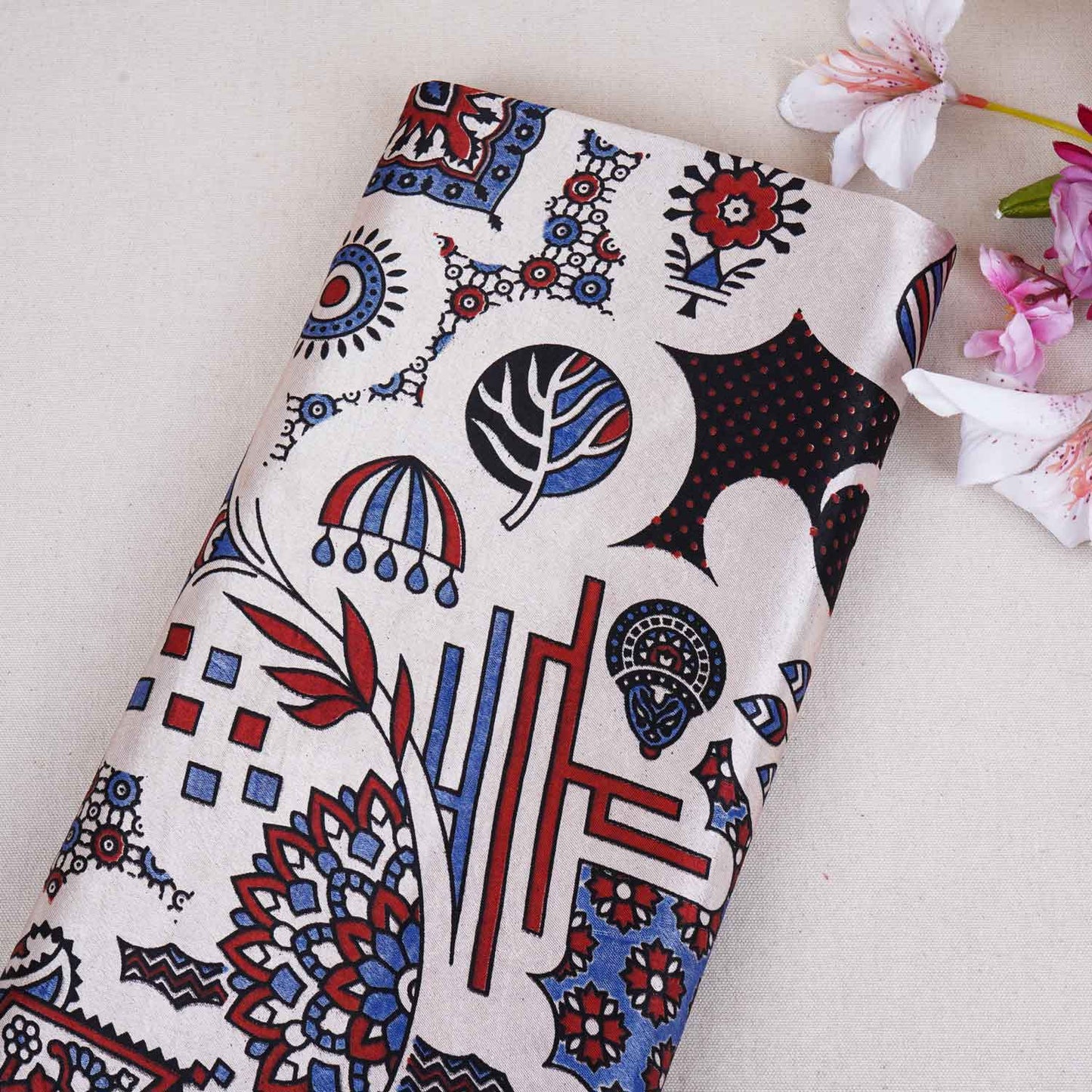 Cream Ajrakh Print Mashru Silk Fabric EEG-28644