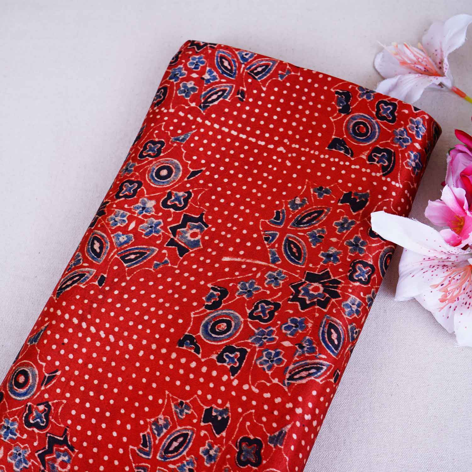 Red Ajrakh Print Mashru Silk Fabric EEG-28654 - TradeUNO