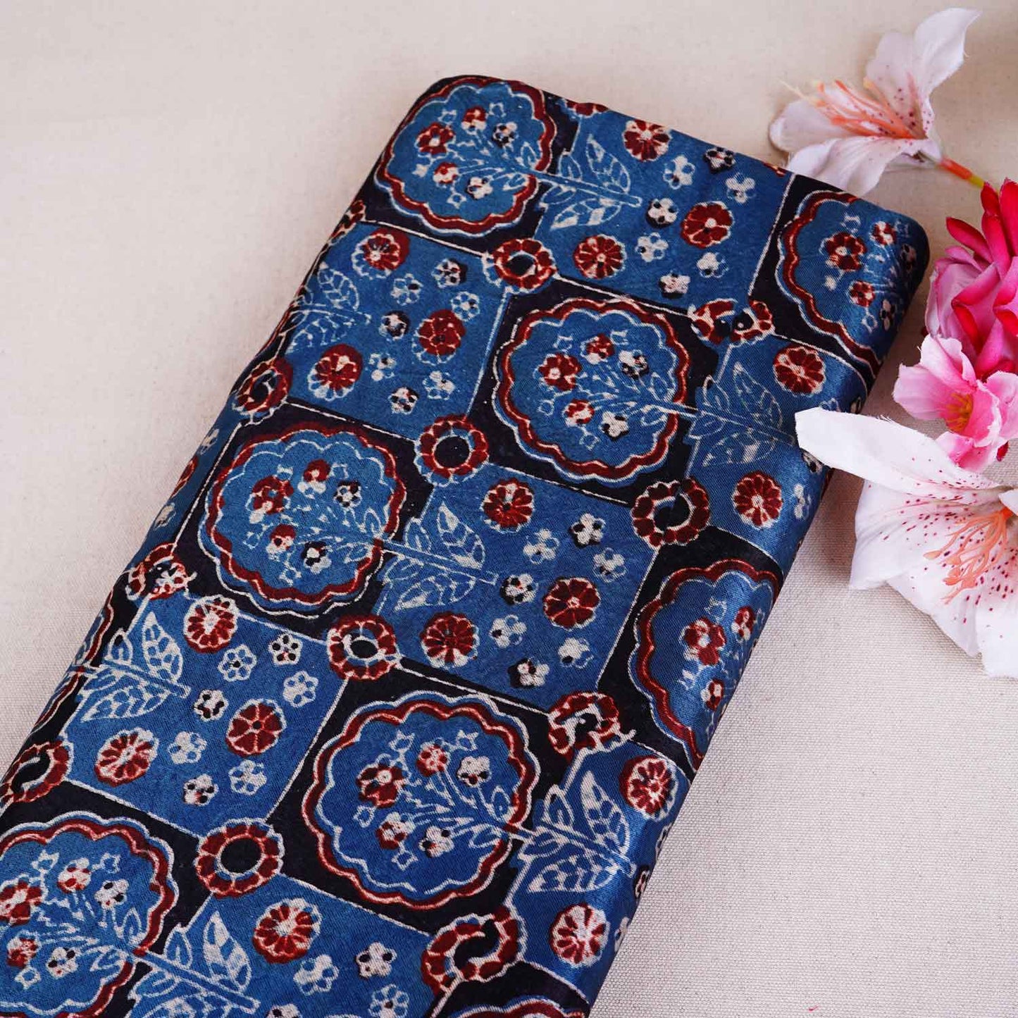 Teal Blue Ajrakh Print Mashru Silk Fabric EEG-28656