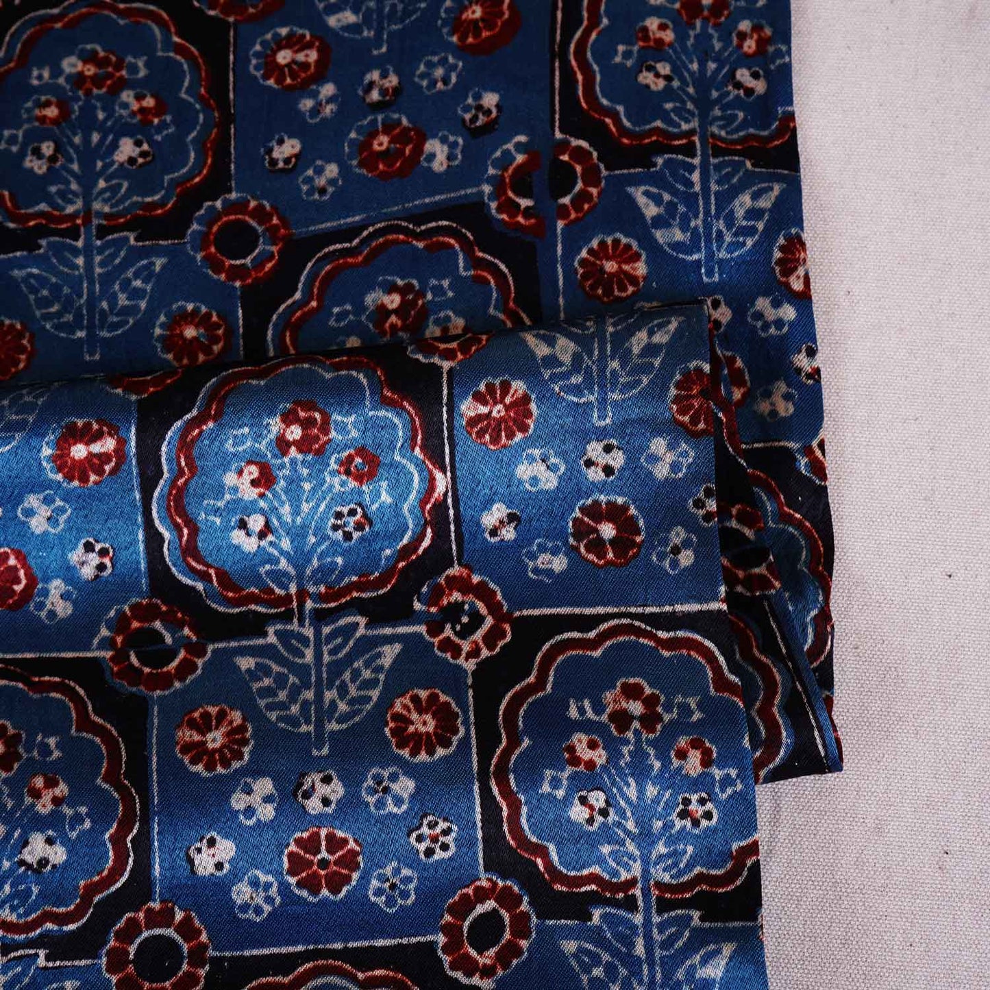 Teal Blue Ajrakh Print Mashru Silk Fabric EEG-28656